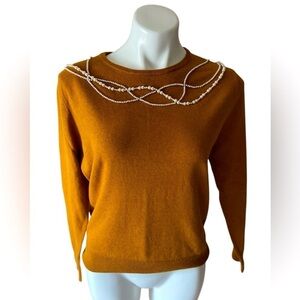 Field Flower Mustard Cotton Cashmere Sweater Blouse Pearl Detailing Size Medium